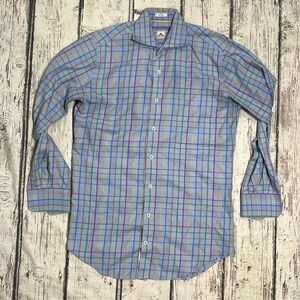 Peter Millar Checkered Blue Mens Suit Dress Professional Button Down Shirt